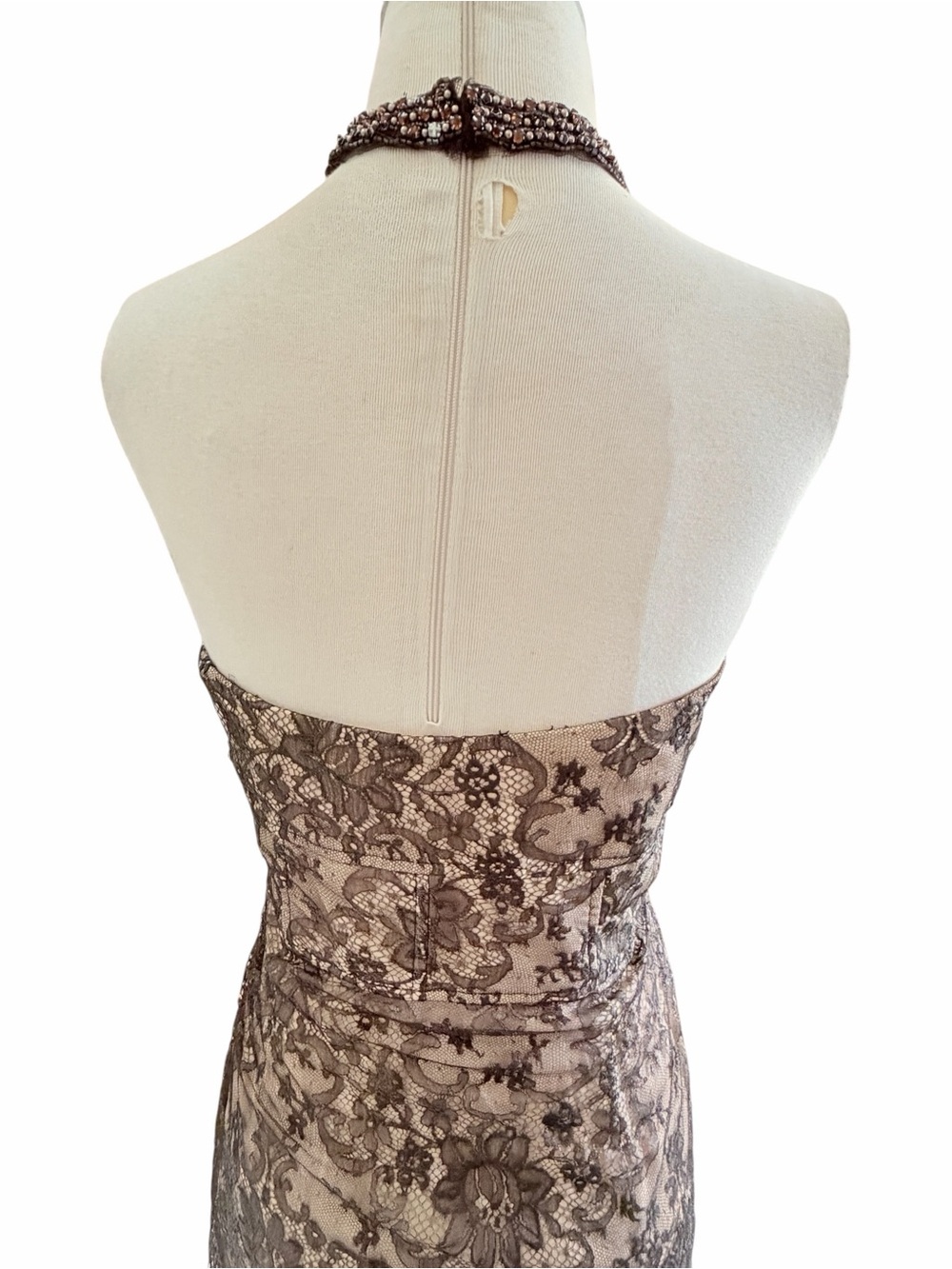 Lela Rose Blush and Brown Beaded Halter Lace Midi Dress Sz 6 - Picture 9 of 12